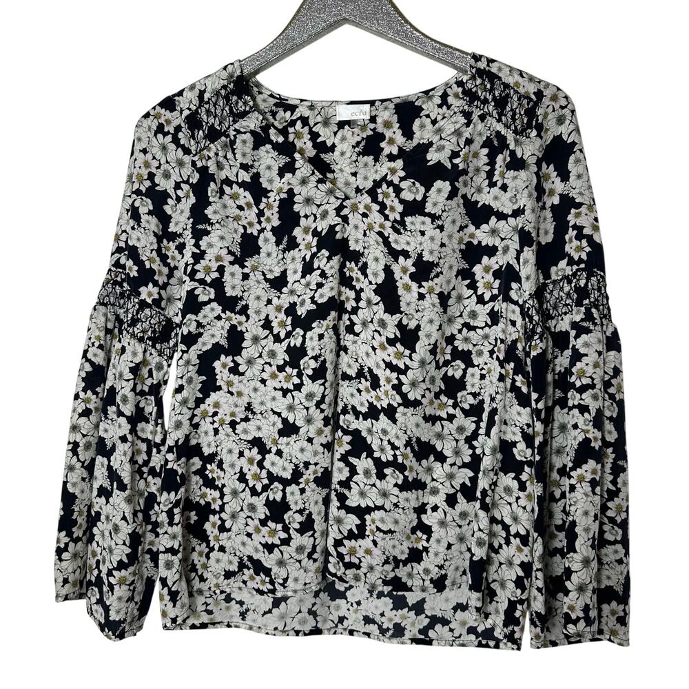 Ecru Floral Print Silk Blouse